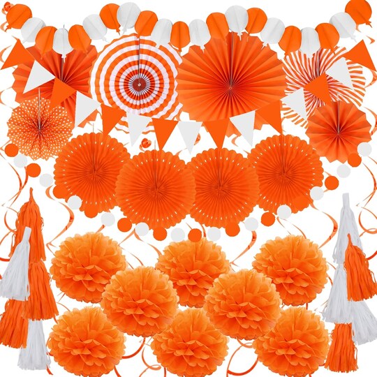 Greentek; 41 Pcs Orange Party Decorations Kit, Tissue Paper Pom Poms, Paper Fans, Tassel Garland, Hanging Swirls, Pennant Banner & Circle Garland for Halloween, Birthday, Wedding, Baby Shower, Festival Decor; Category:Ceiling Decorations; Image:1